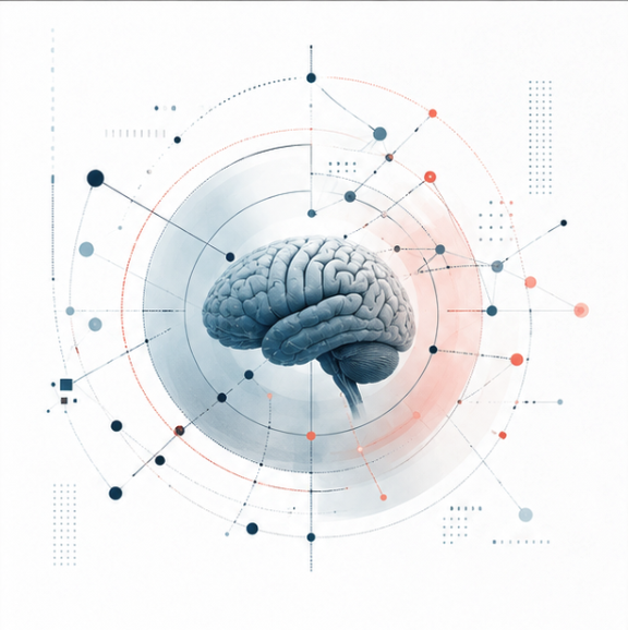 Scientific illustration representing neuropsychological assessment and cognitive networks