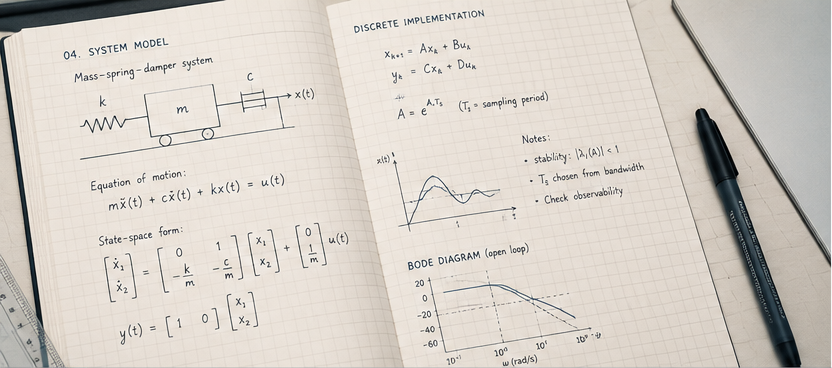 Technical notebook with equations, system diagrams and engineering annotations
