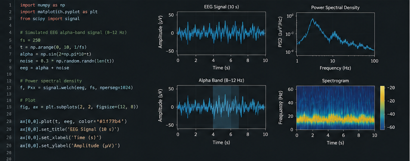 Python code beside biomedical signal charts and data visualisations