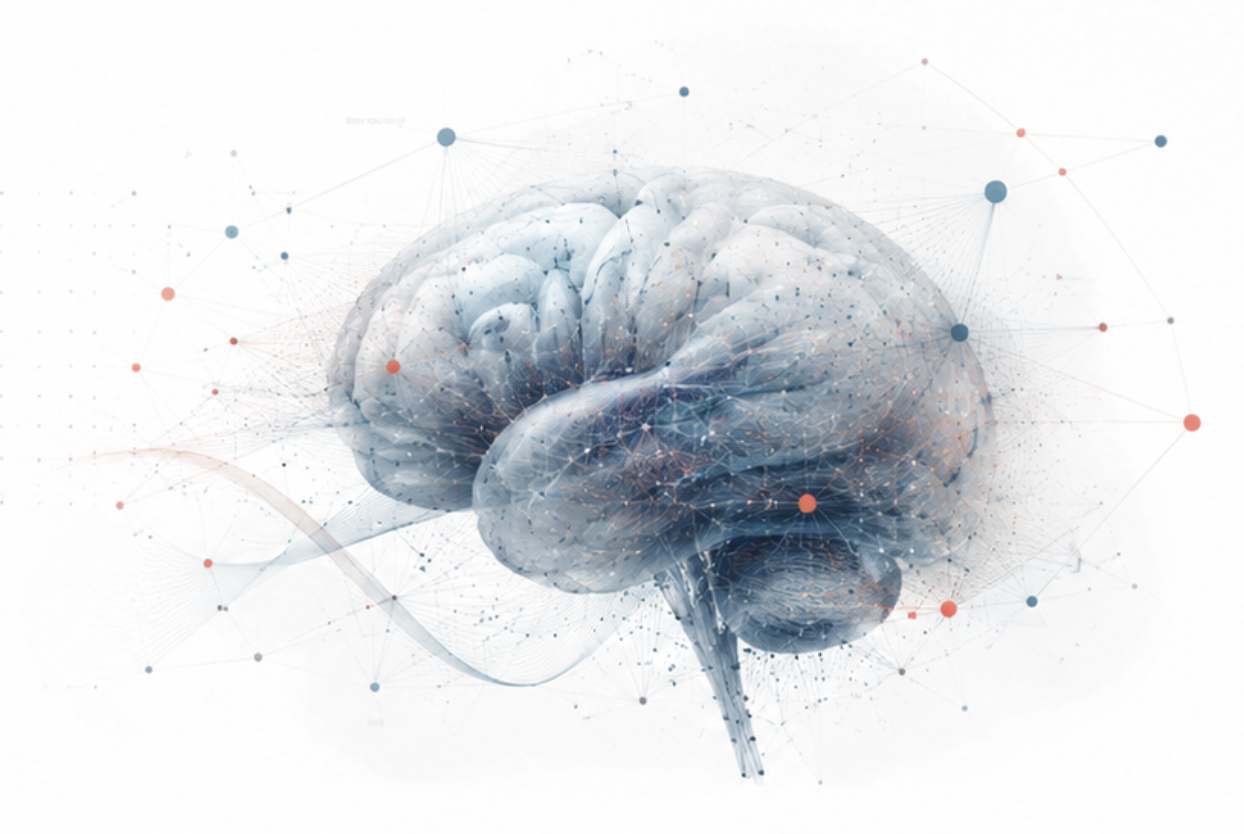 Scientific illustration of a human brain connected through a network of data points