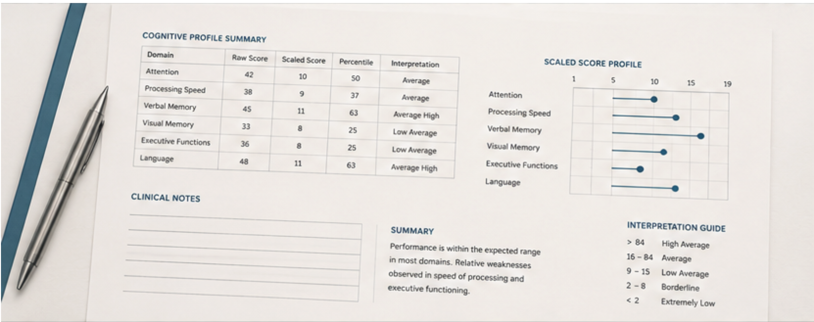 Editorial cognitive assessment page with score tables, profile chart and clinical notes